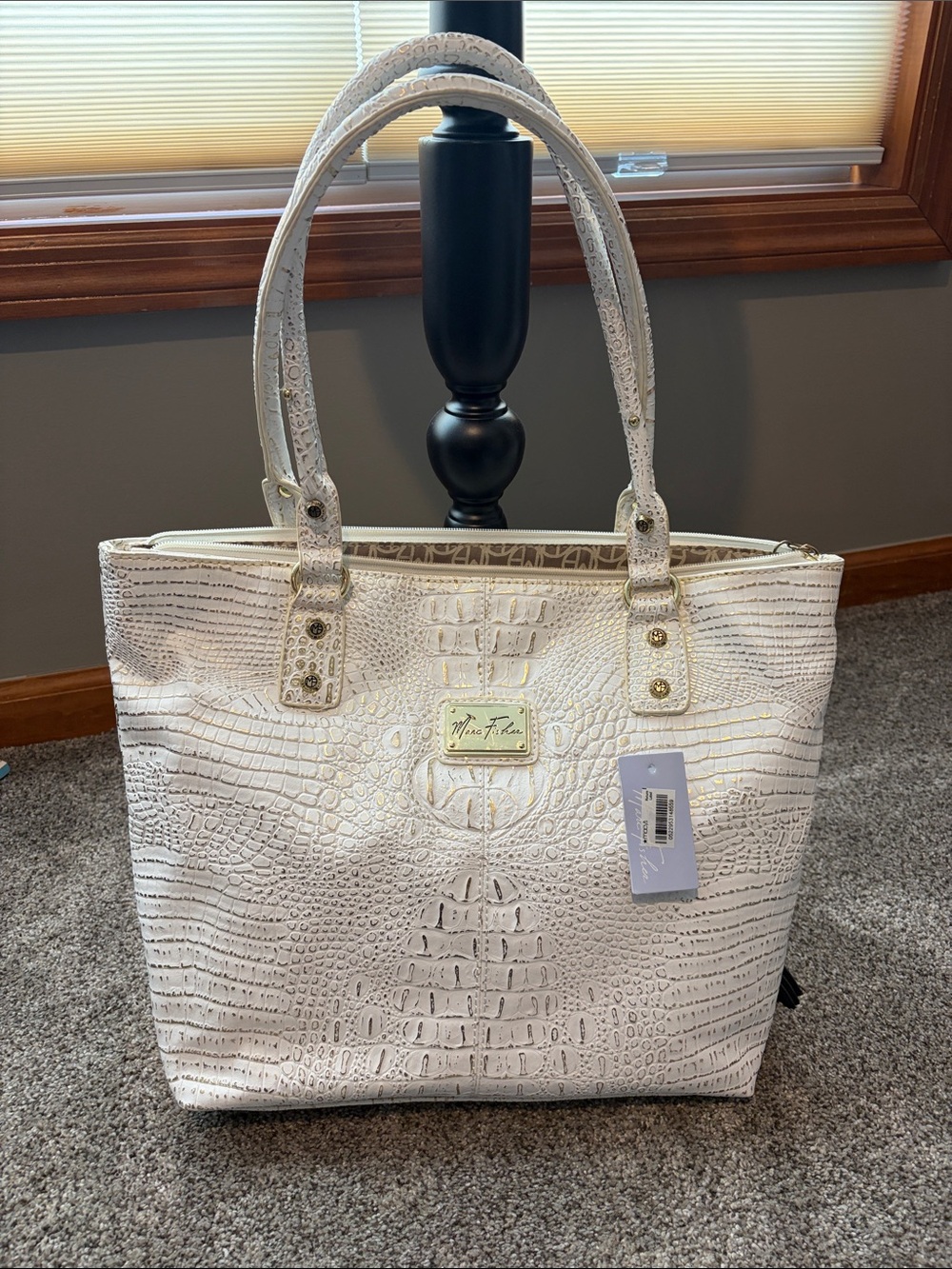 Marc Fisher White Embossed Croc Tote with Gold Hardware